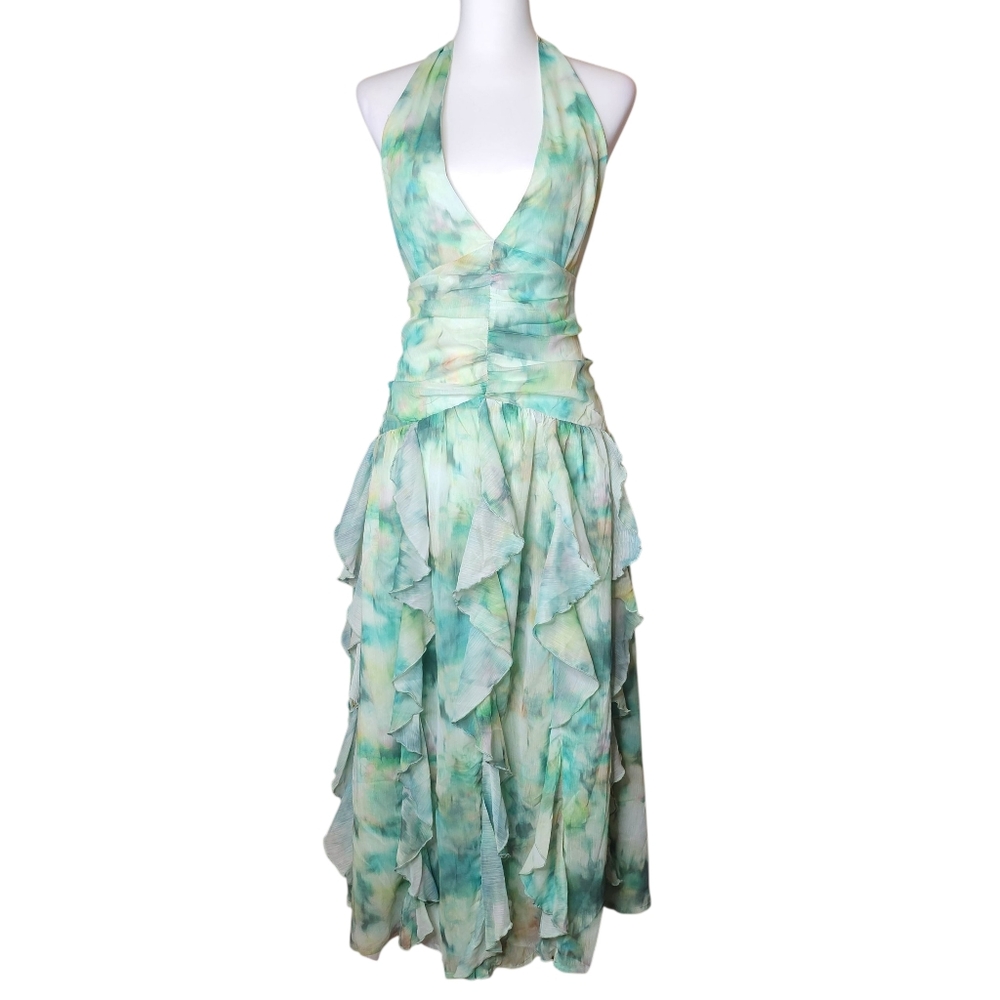 NWT LULUS Teal Green Multi Abstract Halter Ruffled Midi Dress XL